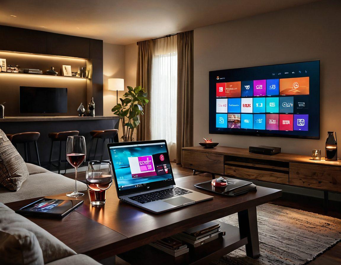 A sleek, modern living room illuminated by soft, ambient lighting, featuring a large screen displaying diverse adult streaming service logos. An open laptop and a tablet are placed on a stylish coffee table, with a glass of wine nearby. A couple relaxed on the couch, enjoying the content, conveying a sense of intimacy and comfort. The overall atmosphere is inviting and contemporary, capturing the essence of changing media consumption. vibrant colors. super-realistic. cozy setting.