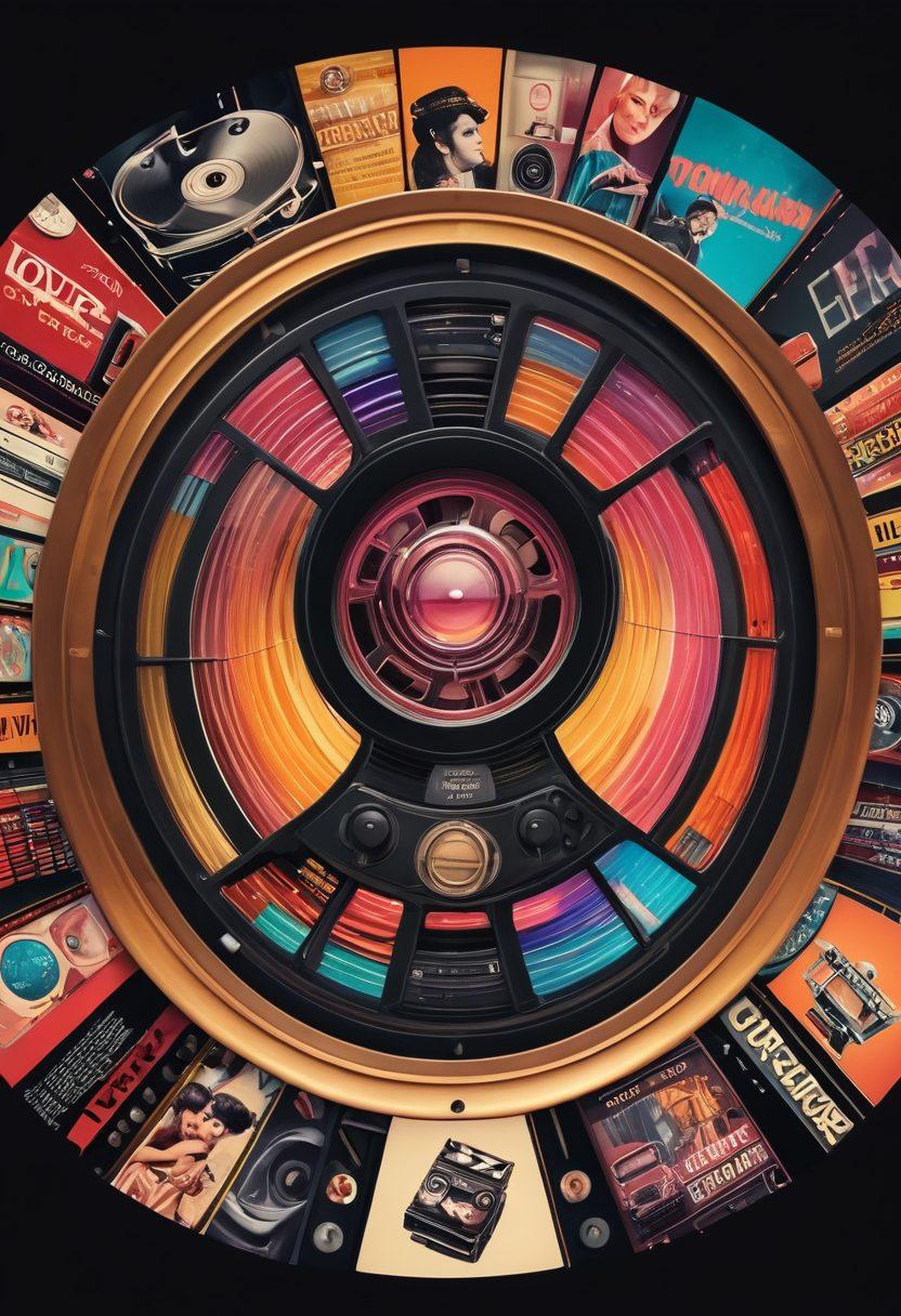 A vibrant collage depicting the evolution of adult film from classic cinema to modern streaming platforms, featuring vintage film reels transforming into sleek digital interfaces. The background shows a transition from a retro cinema setting to a futuristic streaming lounge, with elements symbolizing explicit content like film strips fading into playful emoji symbols. Bright and engaging colors to capture the dynamic shift in entertainment. super-realistic. vibrant colors. 3D.